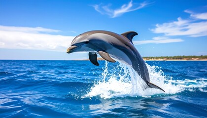 Fototapeta premium A playful dolphin leaps from the sea