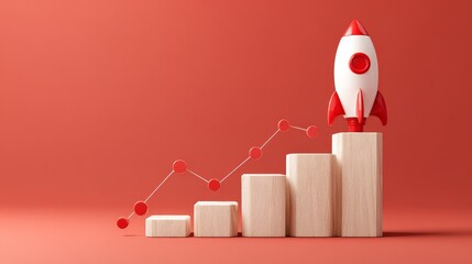 Small Red Rocket Launching Beside Rising Block Chart Symbolizing Startup Growth and Acceleration