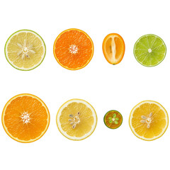 Obraz premium Assortment of fresh citrus fruit slices on a white background
