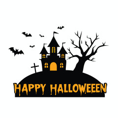 Spooky Halloween Illustration with Haunted House Bats Tree and Tombstone on a White Background with Happy Halloween Text