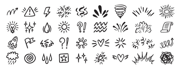 Comic effect icon set, manga doodle elements collection. Retro anime movement, exclamation and emphasis expressions. Doodle emotion of character in comic style