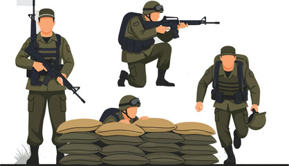 Fototapeta premium Soldiers in combat stances, showcasing various tactical positions and equipment.