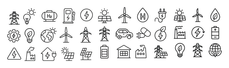 Renewable energy vector web icon set in modern line style, sustainable power system icons for web and mobile app, including solar, wind, hydrogen, EV charging and low emission energy illustration