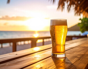海辺のサンセットを背景にしたゴールデンビールグラス &ndash; リゾートバー
