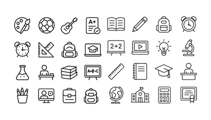 School vector web icon set in modern line style, education and knowledge icons for web and mobile app, including learning, teaching, student, classroom and back to school illustration