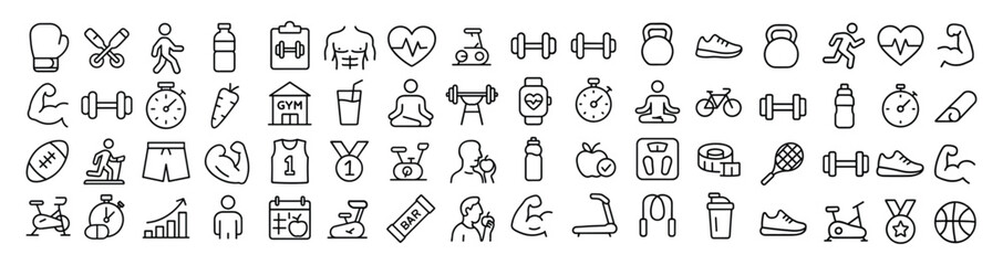 Sport and fitness vector web icon set in modern line style, gym and healthcare icons for web and mobile app, including training, workout, muscle, weight, nutrition, dieting, body care