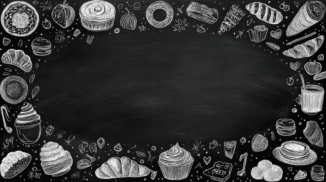 blank chalkboard template with bakery-themed doodles