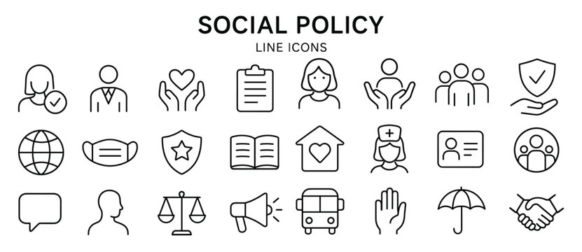 Social policy vector web icon set in modern line style, social services linear icons for web and mobile app, including healthcare, family, education, protection, law, insurance and reform
