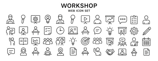 Workshop vector web icon set in modern line style, business workshop icons for web and mobile app, including team building, teamwork, coaching, meeting, management and motivation illustration