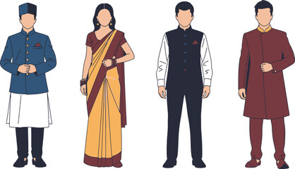 Four figures in traditional Indian clothing, including a sherwani, saree, and kurta pajama, standing against a white background.