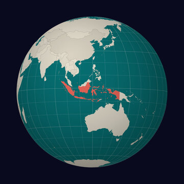 Indonesia on the map. Globe centered to Indonesia. Country location on the world map. Teal Pale Mint color palette. Globe with countries, meridians and parallels. Vibrant vector illustration.