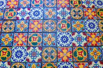 Colorful tiled cafe table, abstract backgrounds, Greece