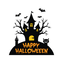 Spooky Halloween Haunted House with Bats and Monster Silhouette Illustration for Festive Holiday Celebration Design
