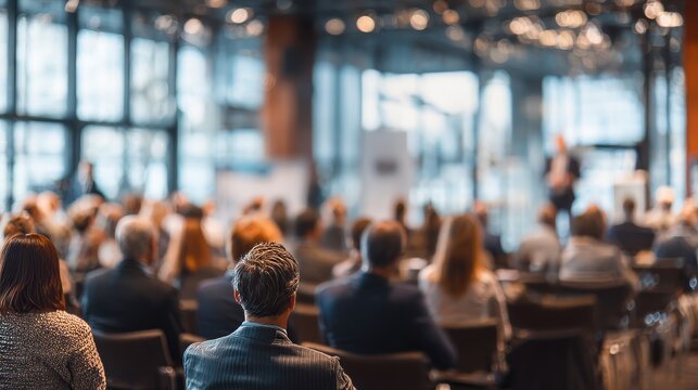 Business Conference Scene with Engaged Audience Watching Speaker in Open, Well-Lit Hall