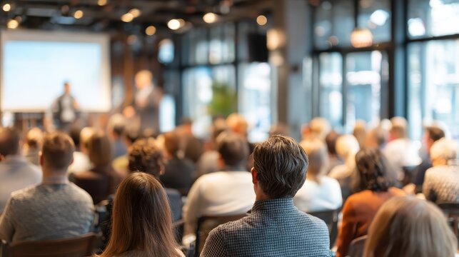 Group of Participants Attending Corporate Event or Training Session with Presenter Up Front
