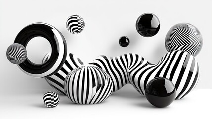 Abstract Black and White Composition with Floating Spheres and Striped Forms