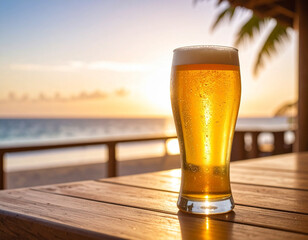 Golden Beer Glass with Ocean Sunset View &ndash; Resort Bar