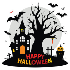 Spooky Halloween Scene with Haunted House Bats Bare Tree Pumpkin and Gravestone on a Full Moon Background