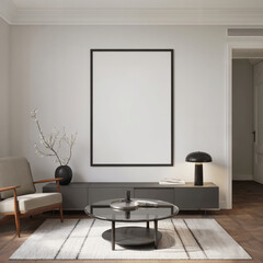 Modern minimalist living room interior with blank poster mockup, stylish furniture, and serene mood.