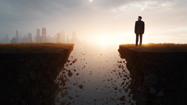 Businessman Standing at the Edge of a Cityscape Overlooking a Bright Future at Dawn