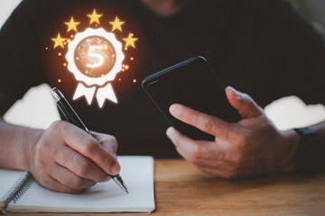 Businessman shows the sign of the top service Quality assurance 5 star, Guarantee, Standards, ISO certification and standardization concept, the best of product and service, the best quality very good