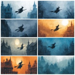 A witch flying over a mystical cityscape.