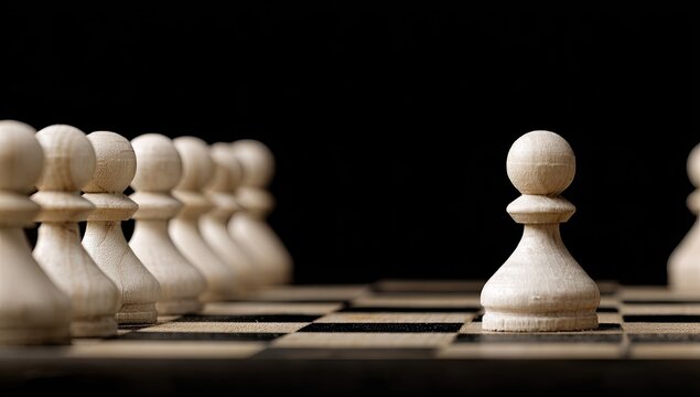 Single pawn amidst a line of white chess pieces on a dark chessboard