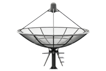 Large black mesh satellite dish for global telecommunications isolated on a transparent background