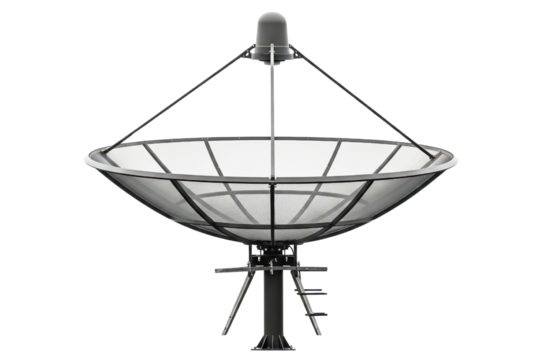 Large black mesh satellite dish for global telecommunications isolated on a transparent background