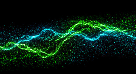 Abstract image featuring flowing, undulating waves of blue and green particles against a dark background, creating a dynamic and vibrant visual effect.