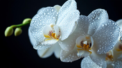 Fototapeta premium White orchid flowers with water droplets in rain 