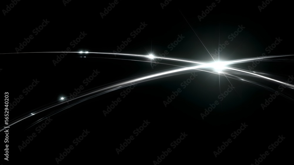 Poster two elegant, luminous light trails curve across a dark background, showcasing a dynamic and ethereal