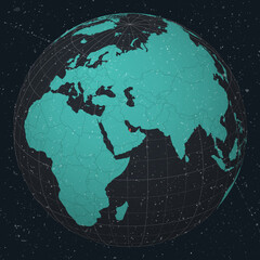 Qatar on Globe. Vintage look with grunge scratched texture. Country view on world map in Dark Charcoal Turquoise color palette. Qatar shape on map. Globe with meridians and parallels.
