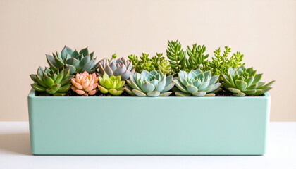 A rectangular mint green planter displays a vibrant collection of assorted succulent plants.