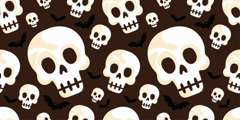Halloween skull pattern with bats — seamless spooky vector background with skulls and flying bats on a dark backdrop. Perfect for Halloween wrapping paper, scary party invitations, gothic wallpaper.