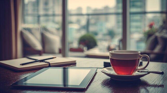 A warm cup of tea sits on a wooden table, alongside a notepad and tablet, in a tranquil indoor setting overlooking a city view.