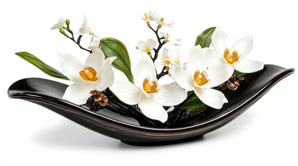 Elegant white orchids with pine cones in a dark, glossy, modern bowl on a white background