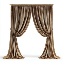 Elegant curtains in rich brown tones with intricate folds and details, evoking a sense of luxury and sophistication. The curtains are tied back to create a graceful, open doorway or window space.