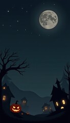 A spooky halloween night scene with a glowing jackolantern in the foreground, silhouetted haunted houses, bare trees, and a full moon in the dark, starry sky, creating an eerie and festive atmosphere