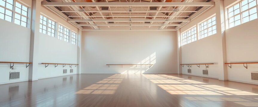 Vast, sunlit empty ballet studio with panoramic windows,  perspective,  design