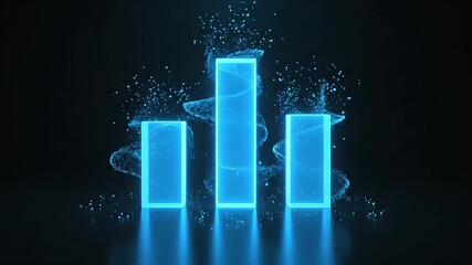 A futuristic bar graph with three glowing blue columns of varying heights surrounded by swirling digital particles. - Powered by Adobe