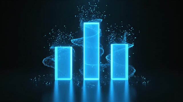 A futuristic bar graph with three glowing blue columns of varying heights surrounded by swirling digital particles. - Powered by Adobe