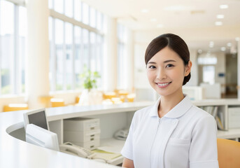 病院の受付で笑顔で働く白いナース服を着た女性