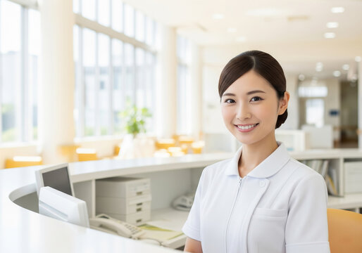 病院の受付で笑顔で働く白いナース服を着た女性