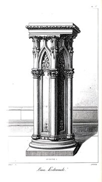 Detailed engraving of a Gothic-style pedestal, showcasing intricate architectural carvings and a square column