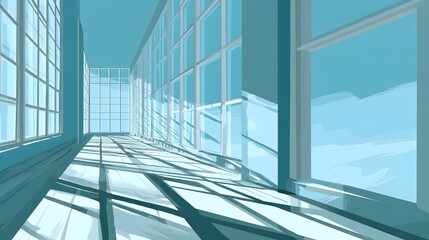 Obraz premium A bright, airy interior design of a modern office space with a multitude of large windows, showcasing light and shadow patterns on the floor.
