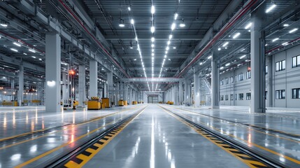 Modern smart factory interior, empty hall with robotic tracks on the floor, clean industrial surfaces, futuristic LED lighting