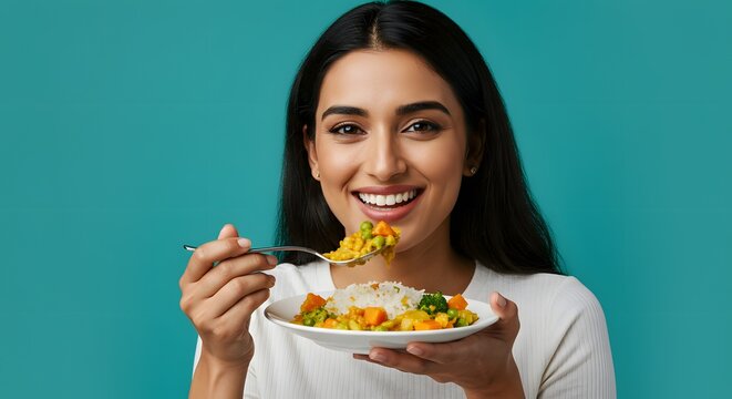 Smiling Woman Eating Healthy Vegetable Curry with Rice