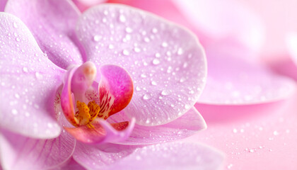 Fototapeta premium Close-up reveals serene pink orchid adorned with glistening water droplets