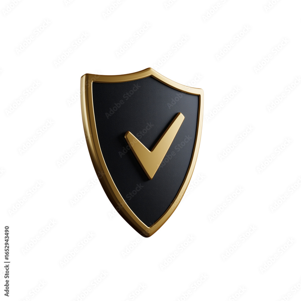 Poster dark shield with golden check mark isolated on transparent background
